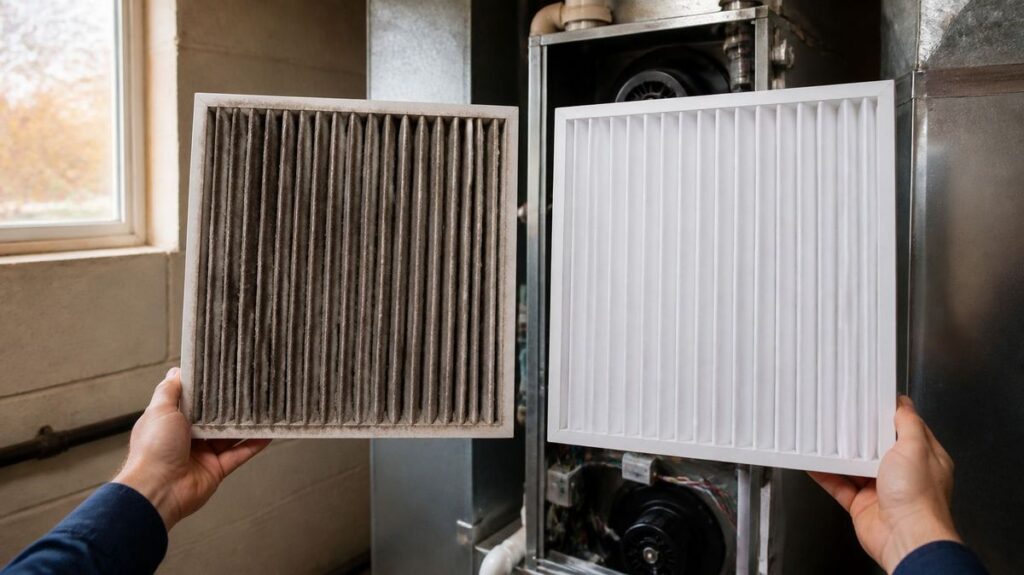 Dirty furnace filter next to a clean one, a common cause of a furnace blowing cold air