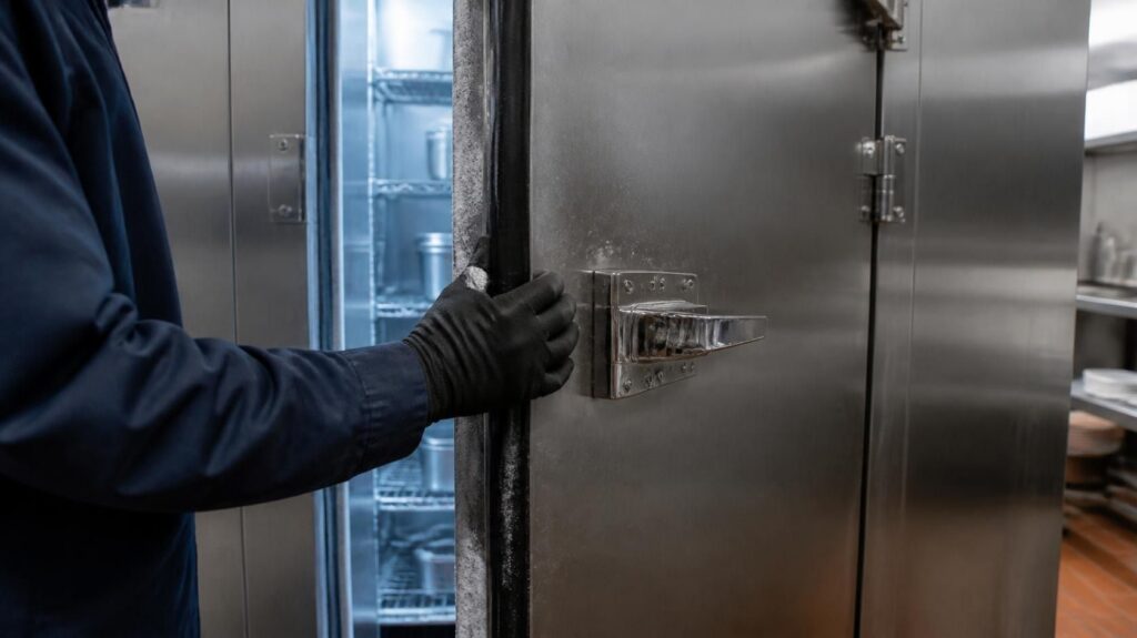 Technician checking the door gasket during walk-in freezer maintenance at a Spokane restaurant